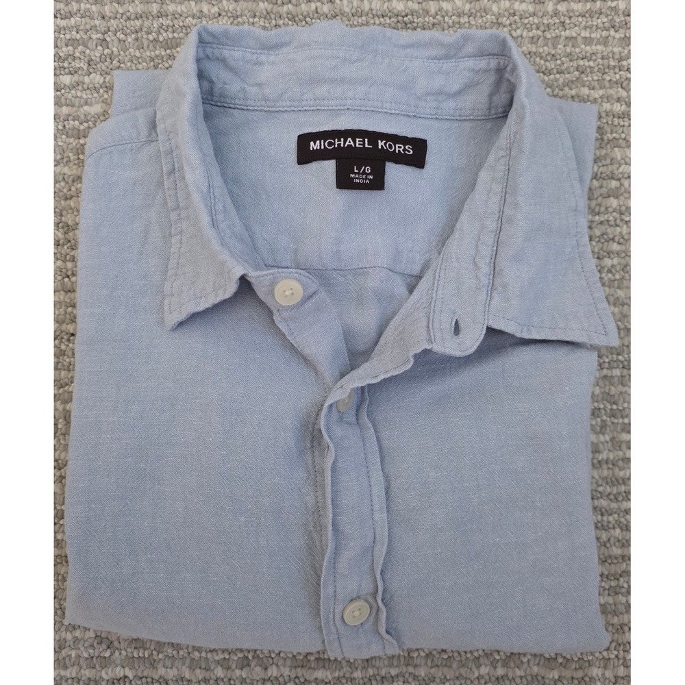 Michael Kors Mens Large Blue Short Sleeve Button Down Shirt Chambray Style